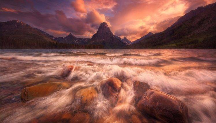 photography, Landscape, Nature, Sunset, Mountains, Lake, Clouds, Sunlight, Forest, Glacier National Park, Montana HD Wallpaper Desktop Background