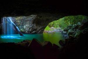photography, Landscape, Nature, Waterfall, Cave, Pond, Rocks, Trees, Turquoise, Water, Shadow, Daylight, Australia