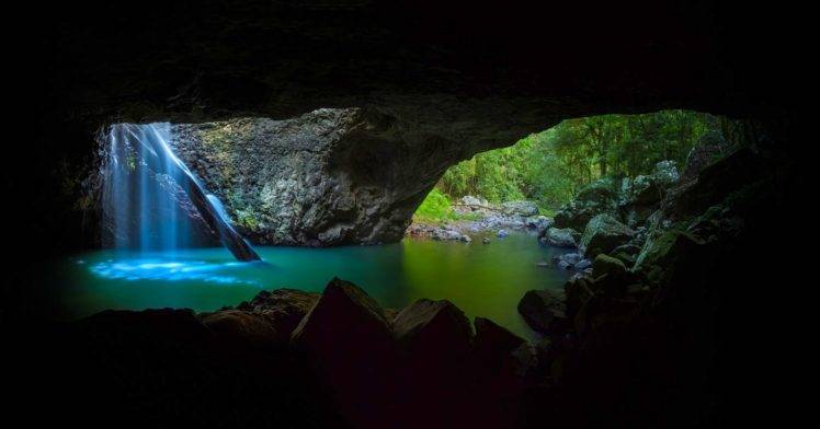 photography, Landscape, Nature, Waterfall, Cave, Pond, Rocks, Trees, Turquoise, Water, Shadow, Daylight, Australia HD Wallpaper Desktop Background