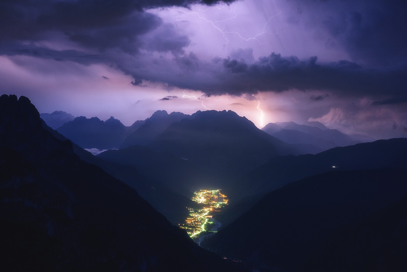 photography, Landscape, Nature, Storm, Lightning, Mountains, Valley, Evening, City, Clouds Wallpaper