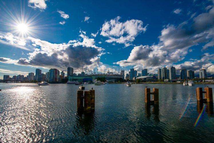 photography, Landscape, Nature, Sea, Ports, Sky, Clouds, Sun rays, City, Building, Boat, Vancouver, Canada HD Wallpaper Desktop Background