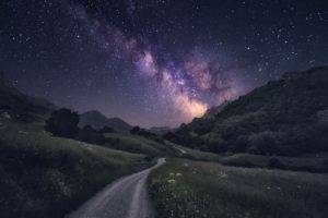 photography, Nature, Landscape, Milky Way, Starry night, Dirt road, Grass, Trees, Shrubs, Mountains, Wildflowers, Long exposure, Spain
