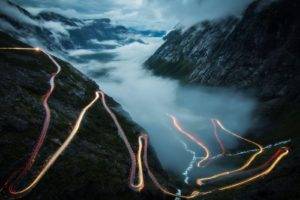 photography, Nature, Landscape, Mountains, Mist, Road, Lights, River, Clouds, Norway, Trollstigen