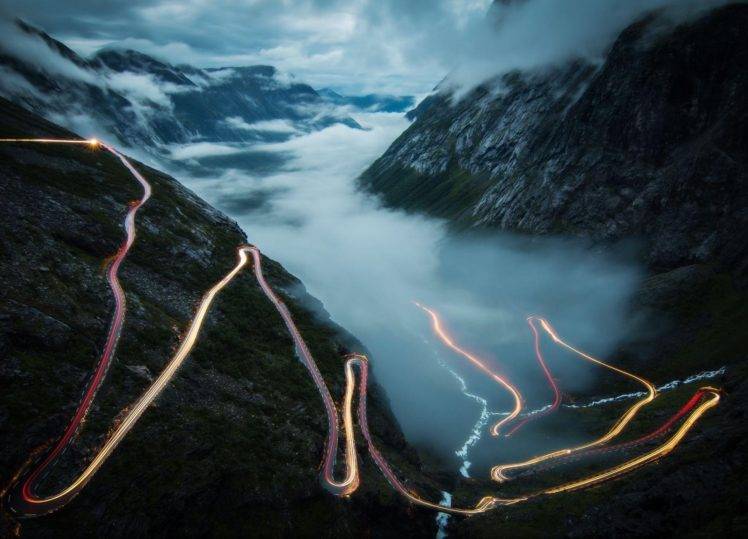 photography, Nature, Landscape, Mountains, Mist, Road, Lights, River, Clouds, Norway, Trollstigen HD Wallpaper Desktop Background