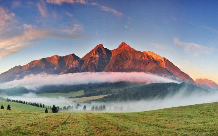 photography, Nature, Landscape, Mountains, Sunset, Mist, Forest, Field, Trees, Grass, Slovakia, Tatra Mountains HD Wallpaper Desktop Background