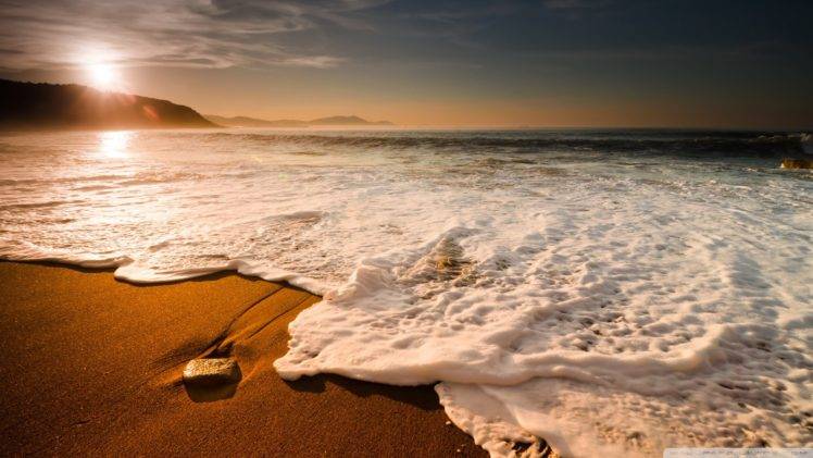 nature, Landscape, Sea, Waves, Coast, Sunrise, Morning, Sand, Beach, Clouds, Cliff, Horizon, Stone HD Wallpaper Desktop Background