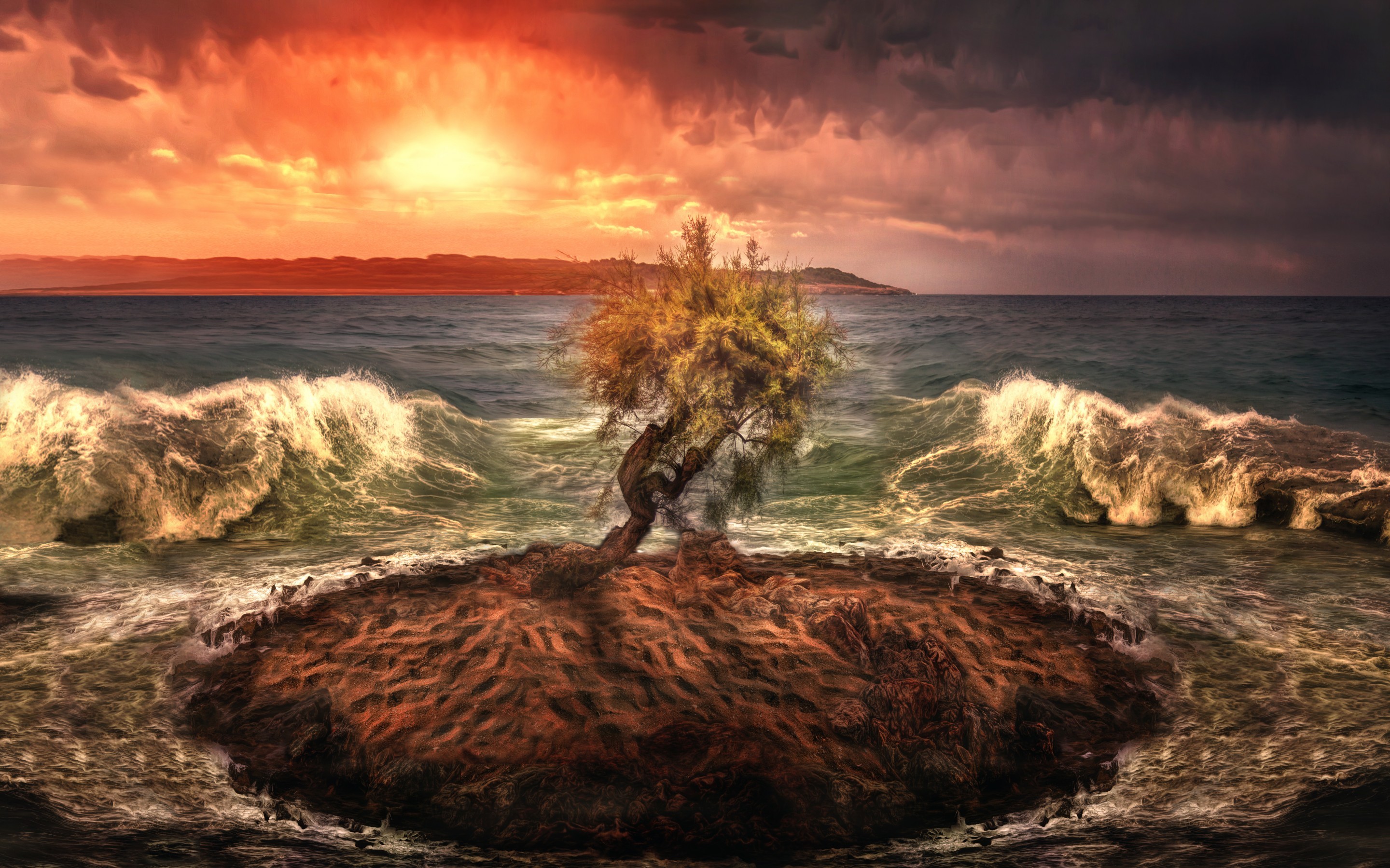 nature, Landscape, Sea, Waves, Coast, Photo manipulation, HDR, Island, Trees, Clouds, Sunset, Cliff, Sand Wallpaper