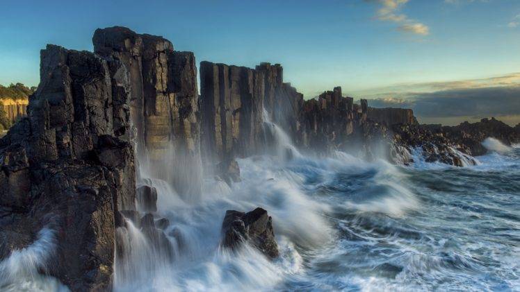 nature, Landscape, Sea, Waves, Coast, Long exposure, Cliff, Rock, Clouds, Australia, Rock formation HD Wallpaper Desktop Background