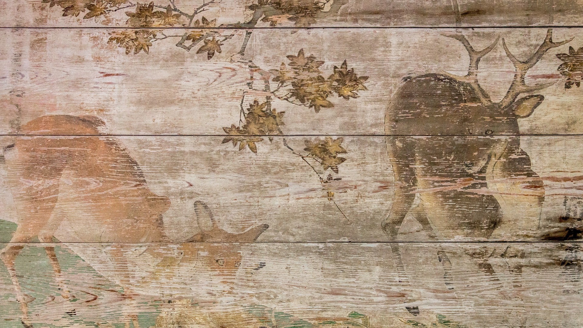 nature, Animals, Digital art, Deer, Wooden surface, Wood, Painting, Planks, Branch, Leaves Wallpaper