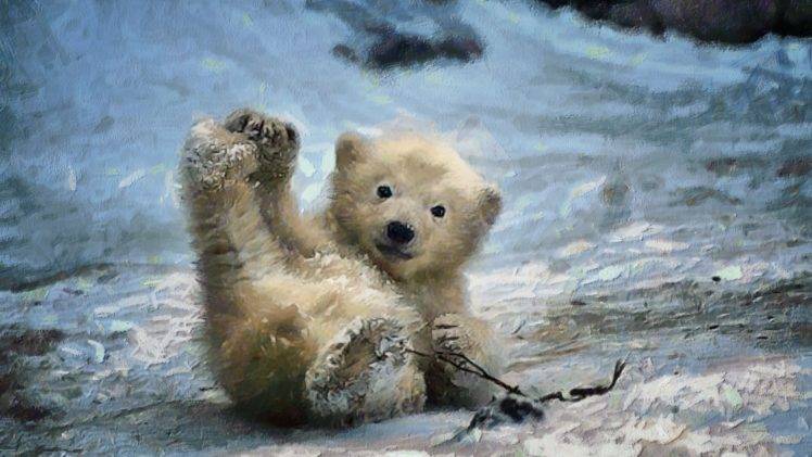 nature, Animals, Digital art, Painting, Polar bears, Baby animals, Winter, Snow HD Wallpaper Desktop Background