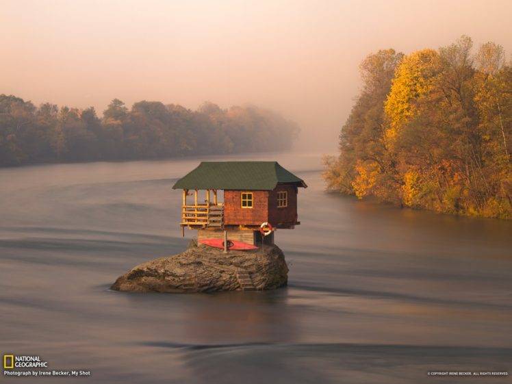 nature, Landscape, Building, House, Serbia, Water, River, Island, National Geographic, Rock, Trees, Forest, Fall, Mist, Kayaks HD Wallpaper Desktop Background