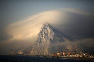 nature, Landscape, Building, House, Sea, Gibraltar, UK, Clouds, Mountains, Town, Mist, Coast, Beach