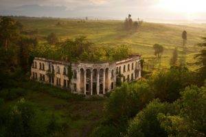 nature, Landscape, Building, House, Ruin, Hills, Trees, Forest, Grass, Sunlight, College, Abkhazia, Birds eye view, Arch