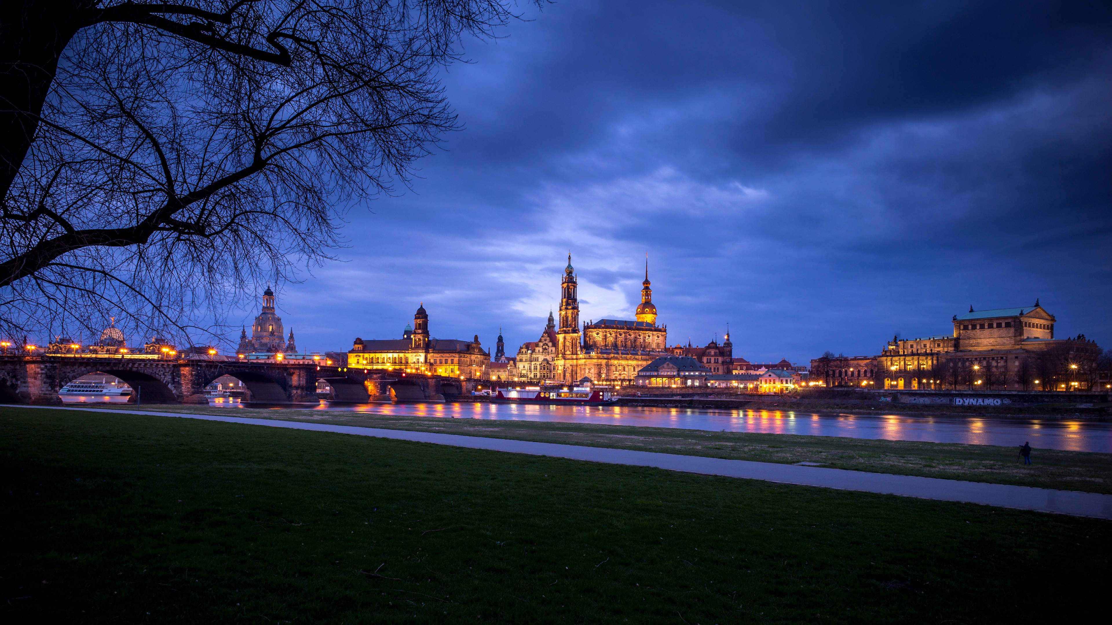 building, House, City, Cityscape, Dresden, Germany, Evening, Lights, Cathedral, Clouds, River, Trees, Grass, Bridge, Reflection, Old building, Ship, Path, Church, Tower, Long exposure Wallpaper