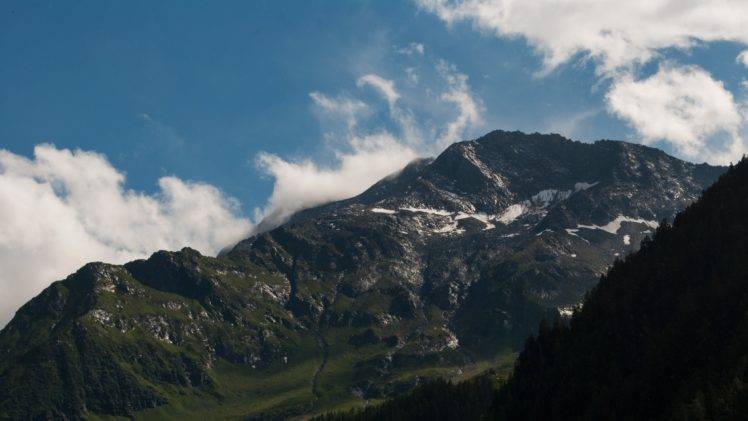 mountains, Snow, Sky, Blue, Green, Forest, Clouds, Stones HD Wallpaper Desktop Background