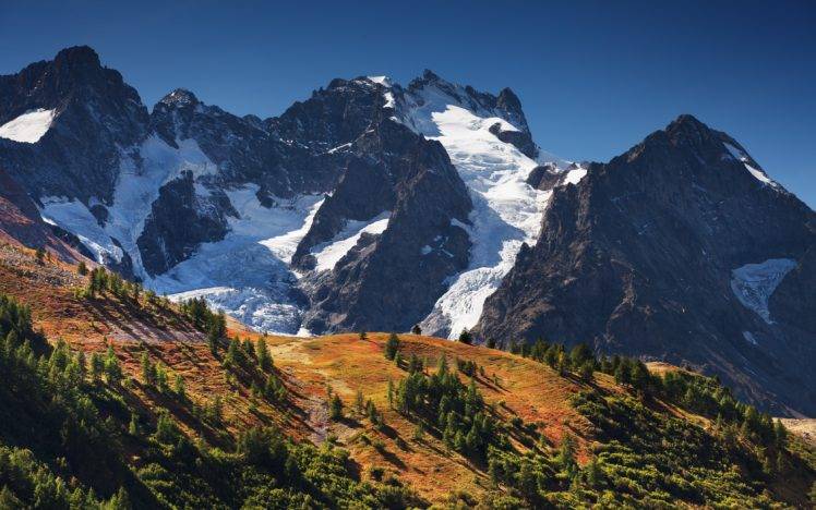 photography, Landscape, Nature, Snowy peak, Trees, Blue, Sky, Alps, France HD Wallpaper Desktop Background