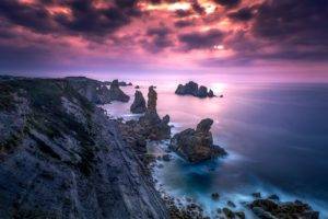 photography, Landscape, Nature, Coast, Rocks, Sunset, Sea, Clouds, Pink, Sky, Spain