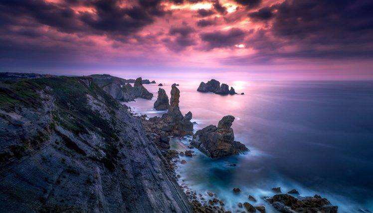 photography, Landscape, Nature, Coast, Rocks, Sunset, Sea, Clouds, Pink, Sky, Spain HD Wallpaper Desktop Background