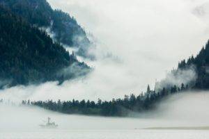 photography, Landscape, Nature, Mountains, Mist, Forest, Lake, Boat, Island, Banff National Park, Canada