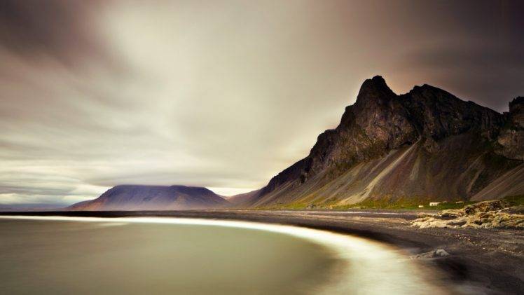 nature, Landscape, Mountains, Clouds, Iceland, Fjord, Sea, Coast, Long exposure HD Wallpaper Desktop Background