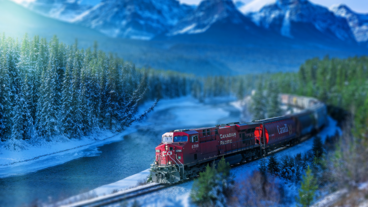 train, Railroad track, Winter, Landscape, Mountains, River, Snow, Tilt shift HD Wallpaper Desktop Background