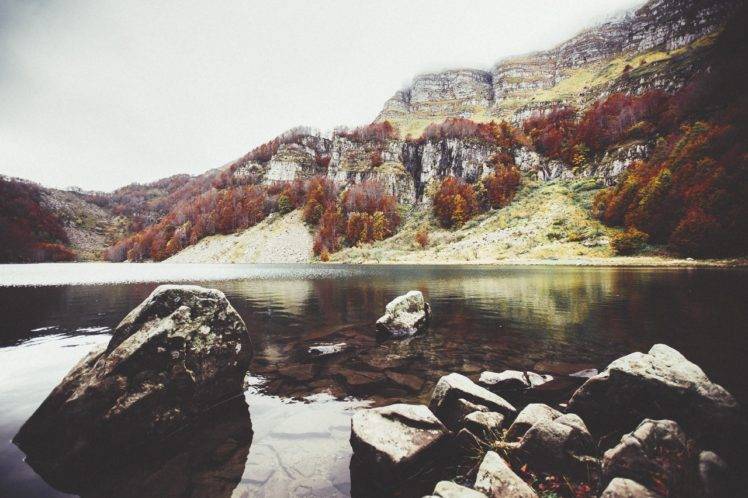 fall, Landscape, Trees, Rock, Water HD Wallpaper Desktop Background