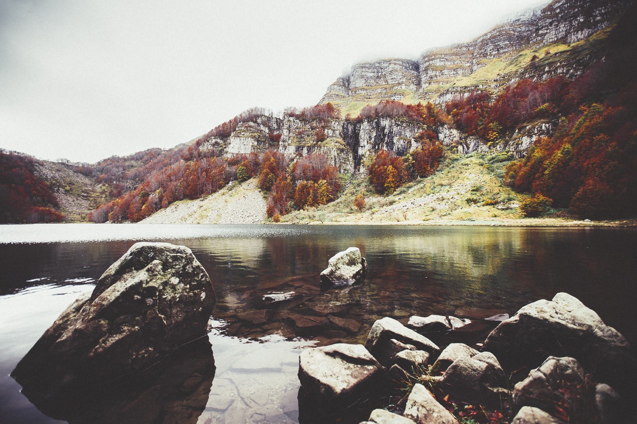 fall, Landscape, Trees, Rock, Water Wallpaper