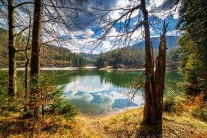 photography, Nature, Landscape, Lake, Reflection, Mountains, Shrubs, Dry grass, Trees, Clouds, Sunlight, Ukraine