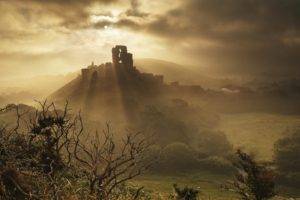 photography, Nature, Landscape, Morning, Sun rays, Mist, Trees, Shrubs, Ruins, Village, Hills, Sunlight, Corfe Castle, England
