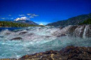 photography, Nature, Landscape, Blue, Sky, River, Rapids, Waterfall, Mountains, Snowy peak, Patagonia, Chile