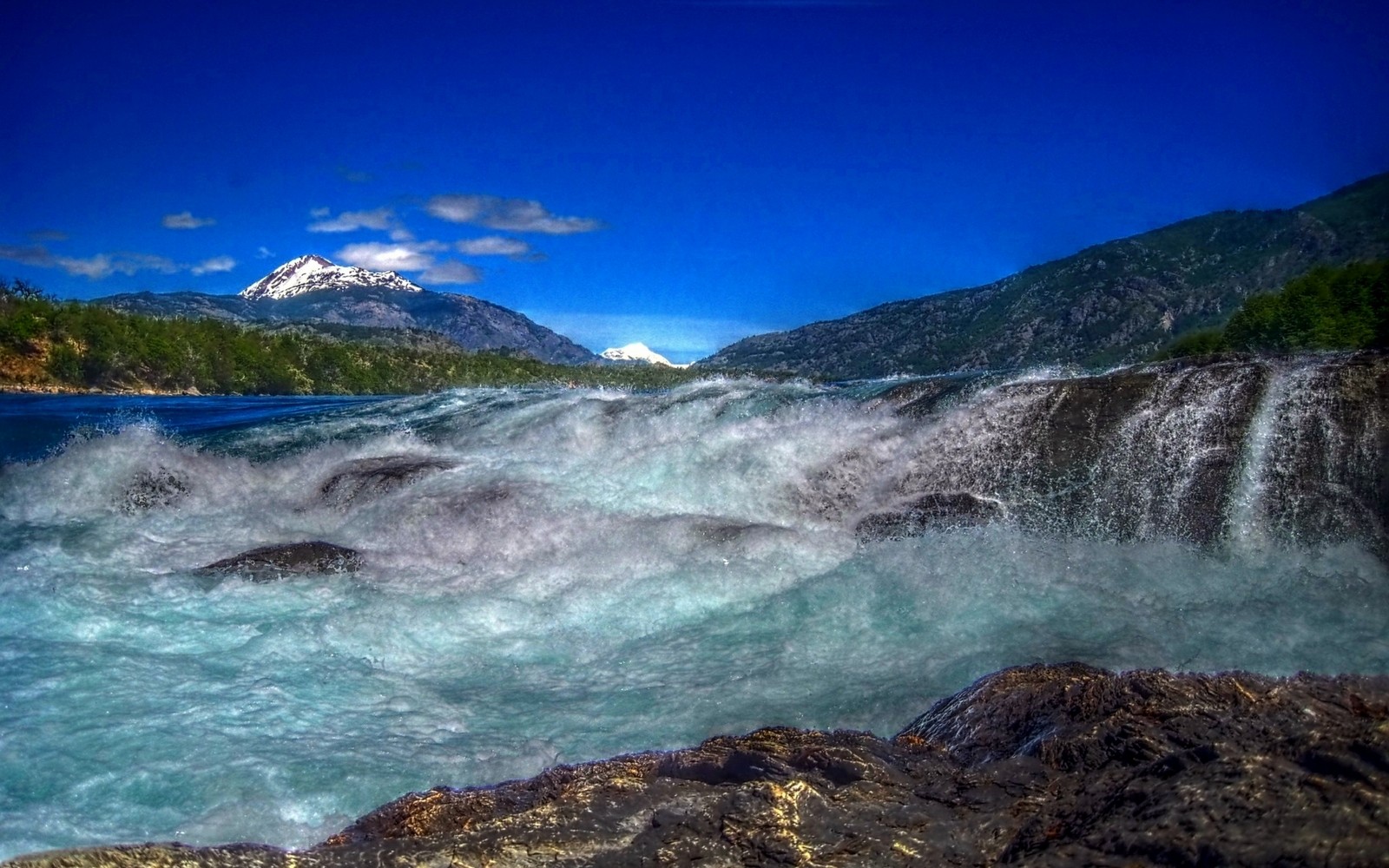 photography, Nature, Landscape, Blue, Sky, River, Rapids, Waterfall, Mountains, Snowy peak, Patagonia, Chile Wallpaper