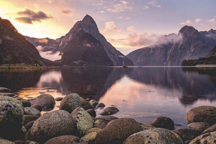 New Zealand, Milford Sound, Rock, Lake, Mountains, Sunset, Clouds, Landscape HD Wallpaper Desktop Background