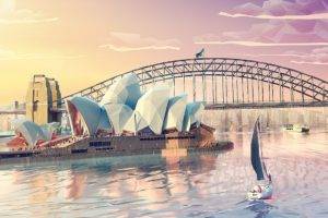 Mateusz Szulik, Crowds, Digital art, Low poly, Clouds, Australia, Sydney, Sea, Sydney Opera House, Yachts, Bridge, Ship, Cityscape