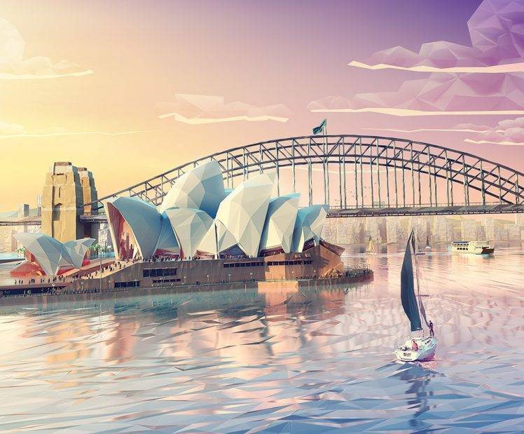 Mateusz Szulik, Crowds, Digital art, Low poly, Clouds, Australia, Sydney, Sea, Sydney Opera House, Yachts, Bridge, Ship, Cityscape HD Wallpaper Desktop Background