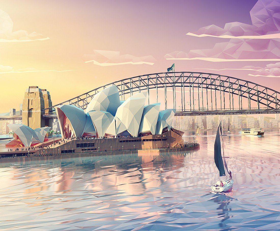 Mateusz Szulik, Crowds, Digital art, Low poly, Clouds, Australia, Sydney, Sea, Sydney Opera House, Yachts, Bridge, Ship, Cityscape Wallpaper