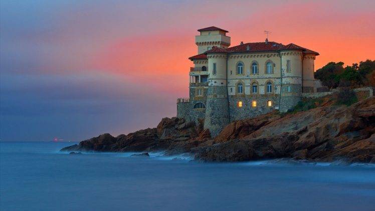 architecture, Building, Old building, Water, Trees, Italy, Castle, Sunset, Sea, Rock, Lights, Evening, Waves, Long exposure, Castello del Boccale HD Wallpaper Desktop Background