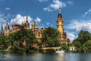 architecture, Building, Old building, Water, Trees, Germany, Lake, Castle, Tower, Clouds, Schwerin Palace