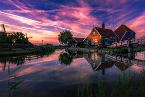 nature, Landscape, Photography, Summer, Sunset, House, Bridge, Canal, Windmill, Reflection, Netherlands