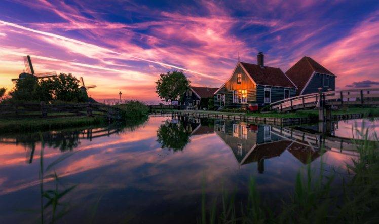 nature, Landscape, Photography, Summer, Sunset, House, Bridge, Canal, Windmill, Reflection, Netherlands HD Wallpaper Desktop Background