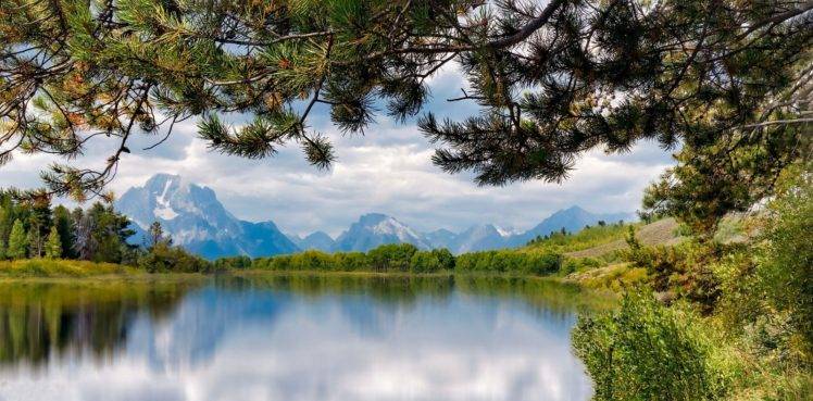 nature, Landscape, Photography, River, Mountains, Shrubs, Trees, Clouds, Grand Teton National Park, Wyoming HD Wallpaper Desktop Background