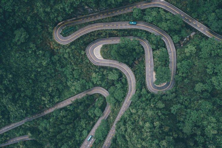 nature, Forest, Road, Car, Buses, River, Green, Asphalt, Highway, China, Trees, Hairpin turns, Aerial view HD Wallpaper Desktop Background