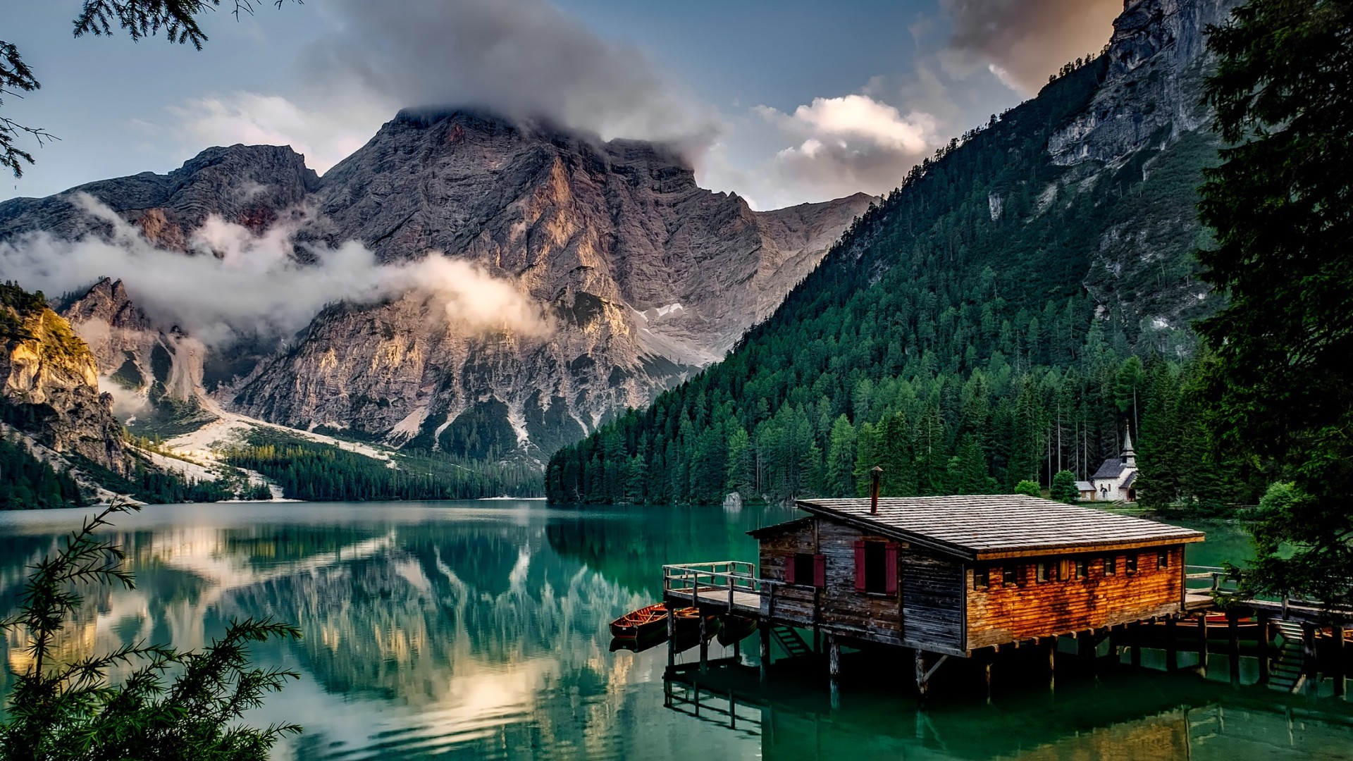 lake, Mountains, Landscape, Building, Italy, Clouds, Boat, House Wallpaper