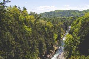 mountains, River, Creeks, Trees, Clear sky, Forest, Clouds, Nature, Landscape