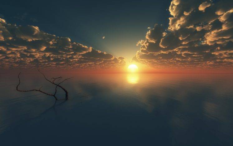 nature, Landscape, Sunset, Sky, Clouds, Dead trees, Lake, Calm, Horizon, Sunlight HD Wallpaper Desktop Background