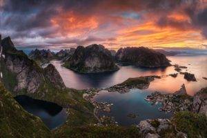 landscape, Photography, Nature, Morning, Sunlight, Island, Sea, Town, Clouds, Lofoten Islands, Norway