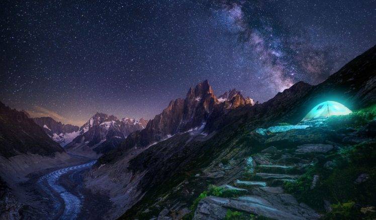 landscape, Photography, Nature, Milky Way, Mountains, Glaciers, Starry night, Camping, Snow, Lights, Peace, Long exposure HD Wallpaper Desktop Background