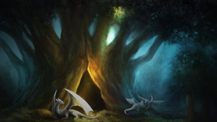 digital art, Fantasy art, Nature, Trees, Dragon, Painting, Forest, Mist HD Wallpaper Desktop Background