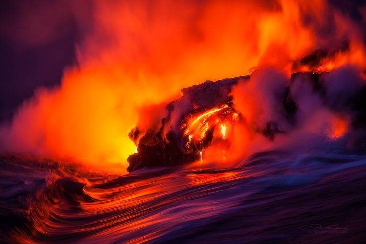 Tom Kualii, Volcanic eruption, Volcano, Sea, Water, Colorful, Smoke, Hawaii, Nature, Lava, Island, Rocks HD Wallpaper Desktop Background