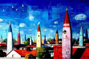 digital art, Fantasy art, Architecture, Building, House, Artwork, Painting, Rocket, Town, Colorful, Birds, Clouds, Rooftops, Missiles, Trees