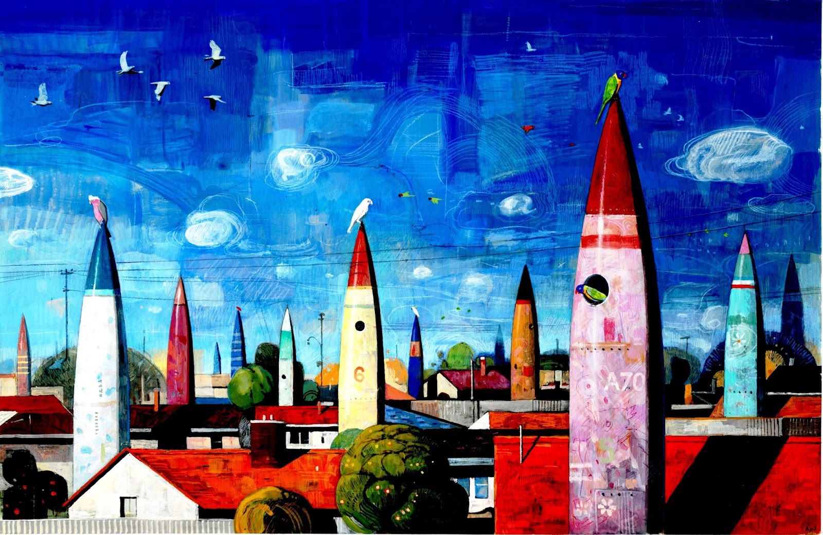 digital art, Fantasy art, Architecture, Building, House, Artwork, Painting, Rocket, Town, Colorful, Birds, Clouds, Rooftops, Missiles, Trees Wallpaper